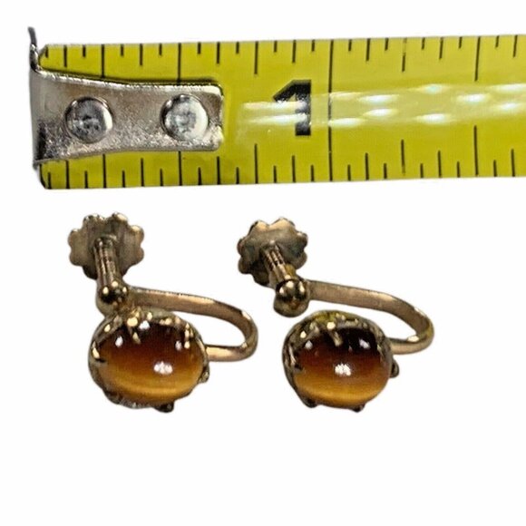 Vintage Tigers Eye Cat Eye Screw Back Earrings Unmarked Gold(tone?) Jewelry - Picture 4 of 6